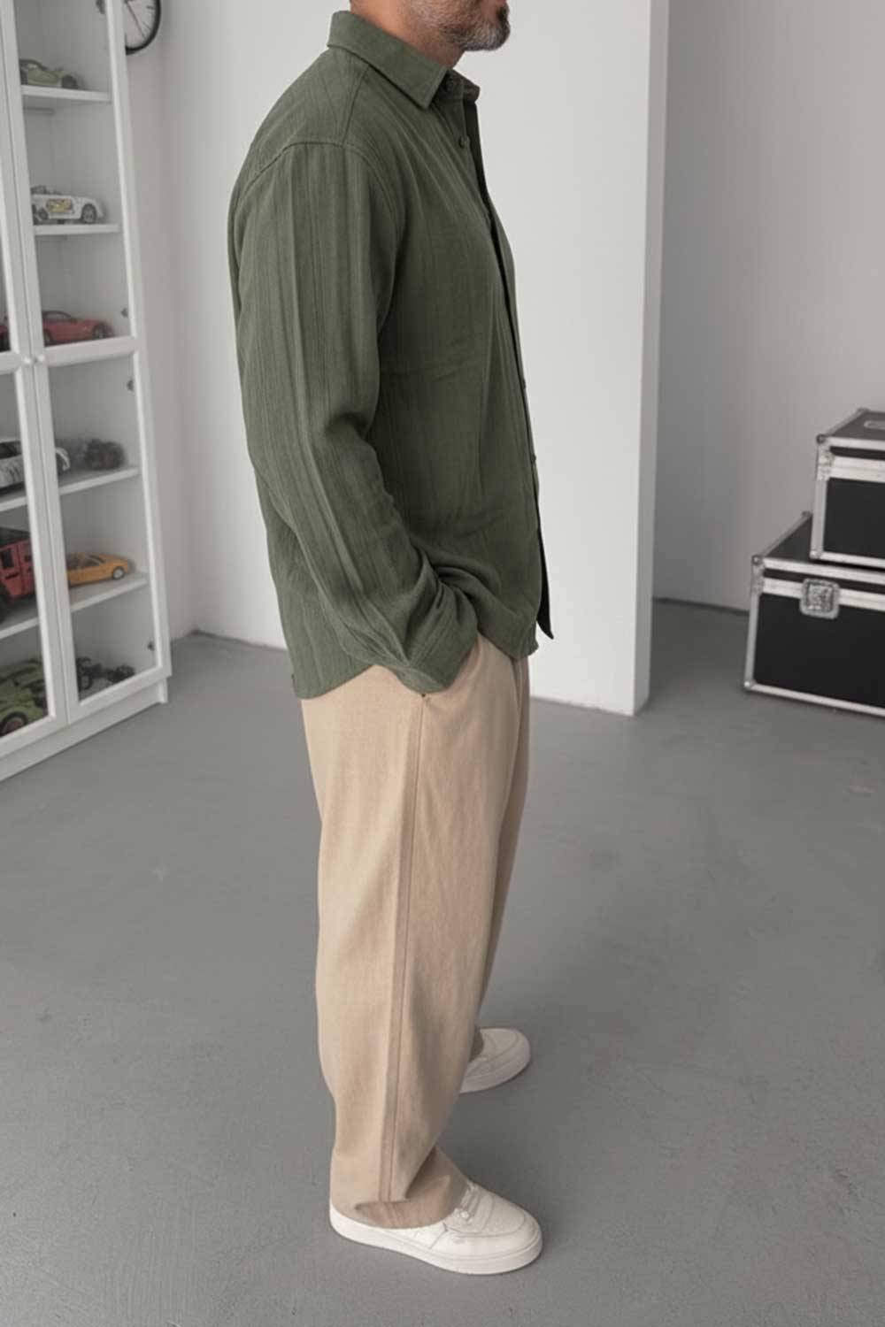 Πουκάμισο Linen-Blend Vertical Stripe Studio – Χακί