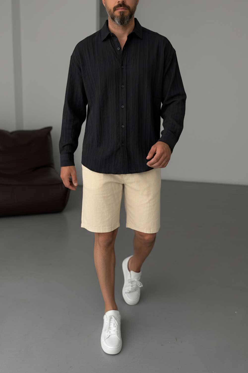 Πουκάμισο Linen-Blend Vertical Stripe Studio – Μαύρο