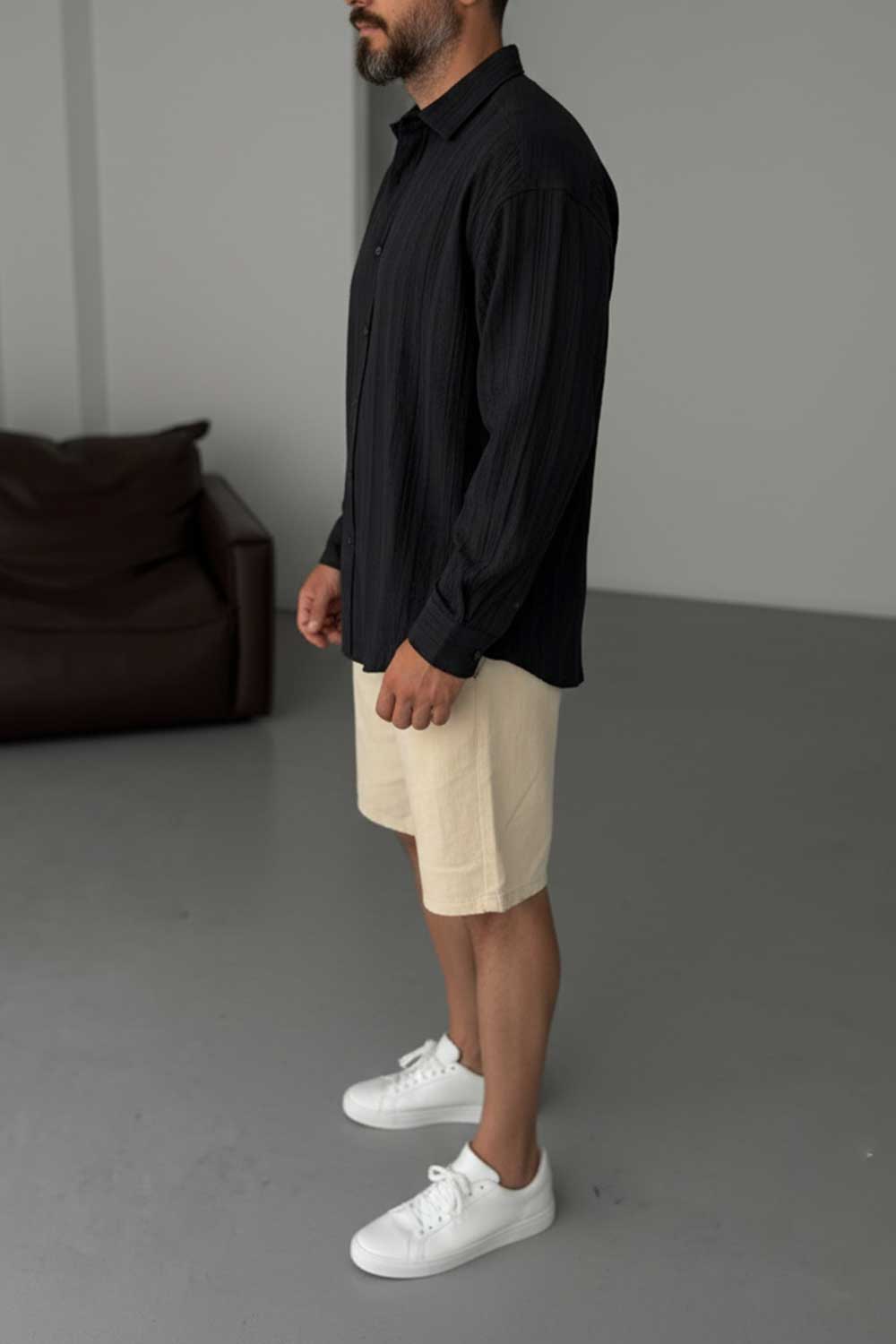 Πουκάμισο Linen-Blend Vertical Stripe Studio – Μαύρο