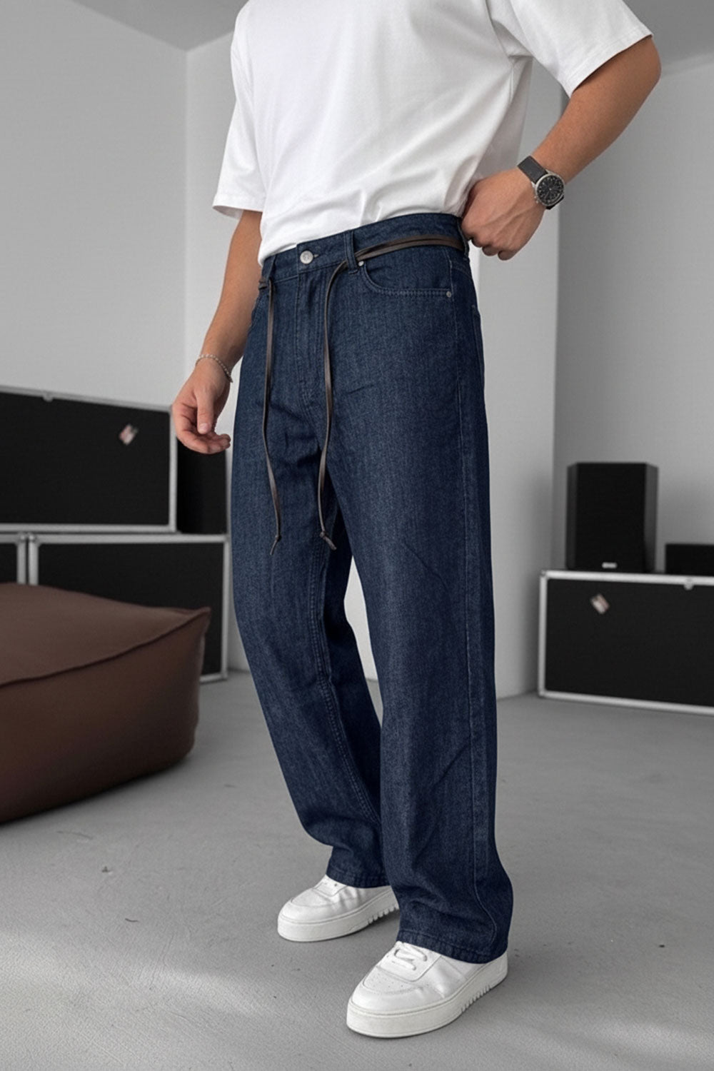 Τζιν Lightweight Baggy-Regular με Δερμάτινη Ζώνη Studio –  Μπλε
