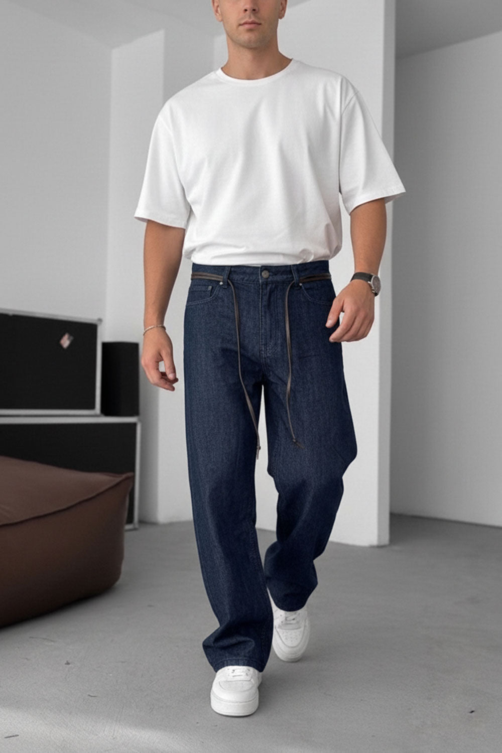 Τζιν Lightweight Baggy-Regular με Δερμάτινη Ζώνη Studio –  Μπλε