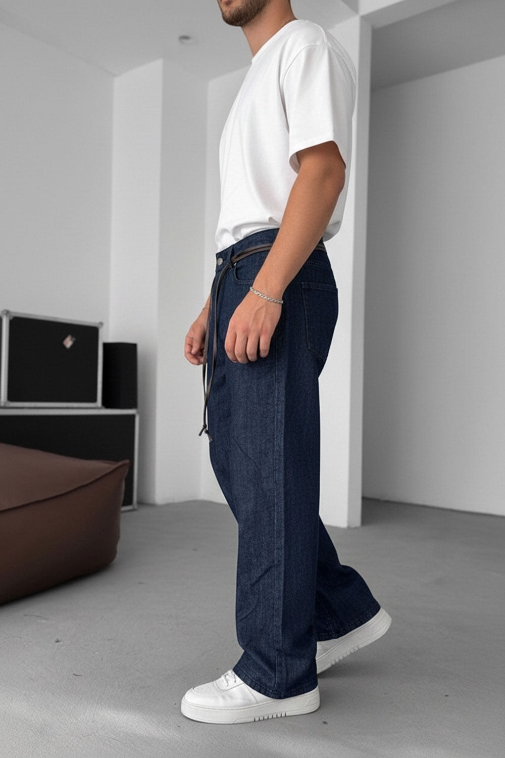 Τζιν Lightweight Baggy-Regular με Δερμάτινη Ζώνη Studio –  Μπλε