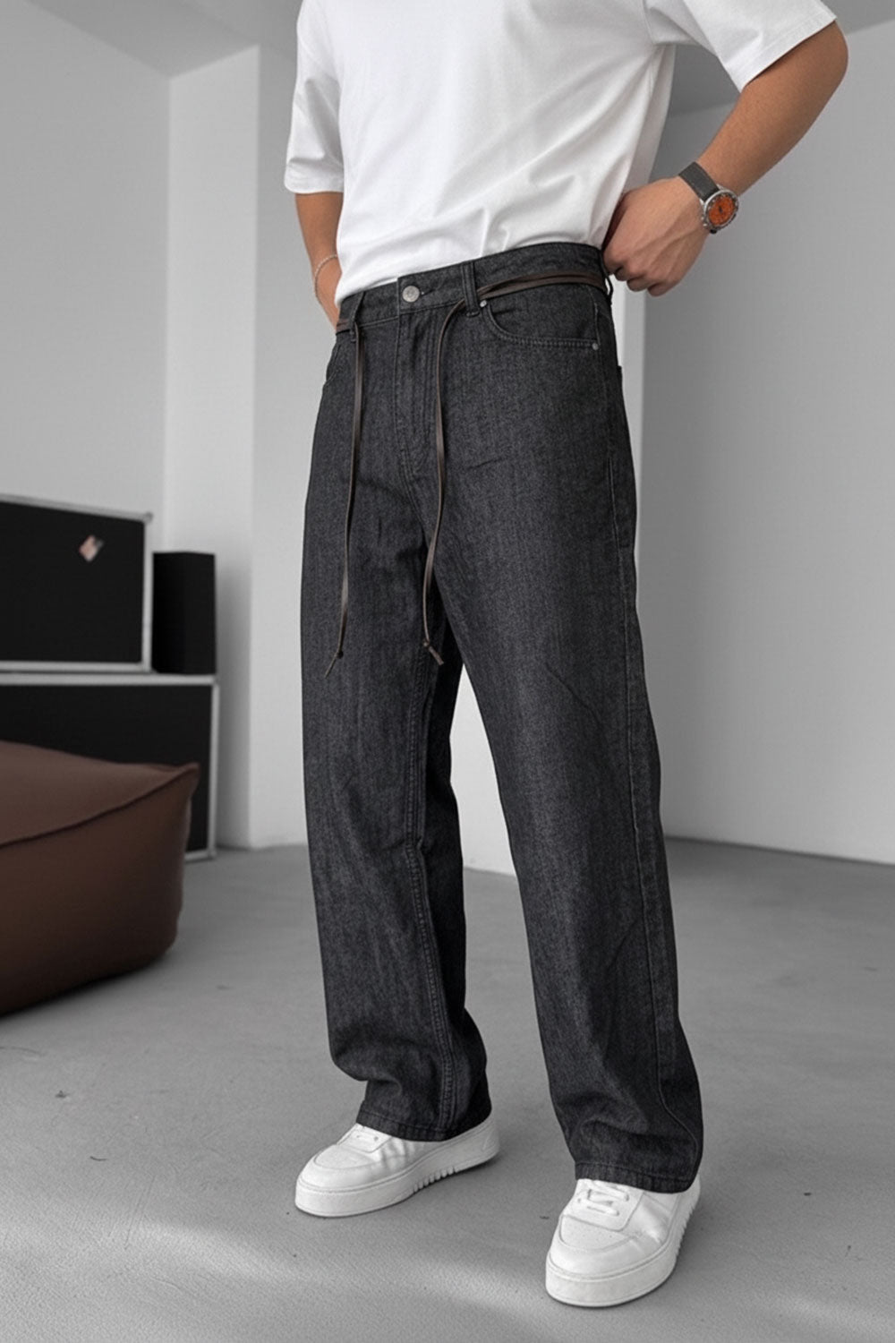 Τζιν Lightweight Baggy-Regular με Δερμάτινη Ζώνη Studio – Σκούρο Γκρι