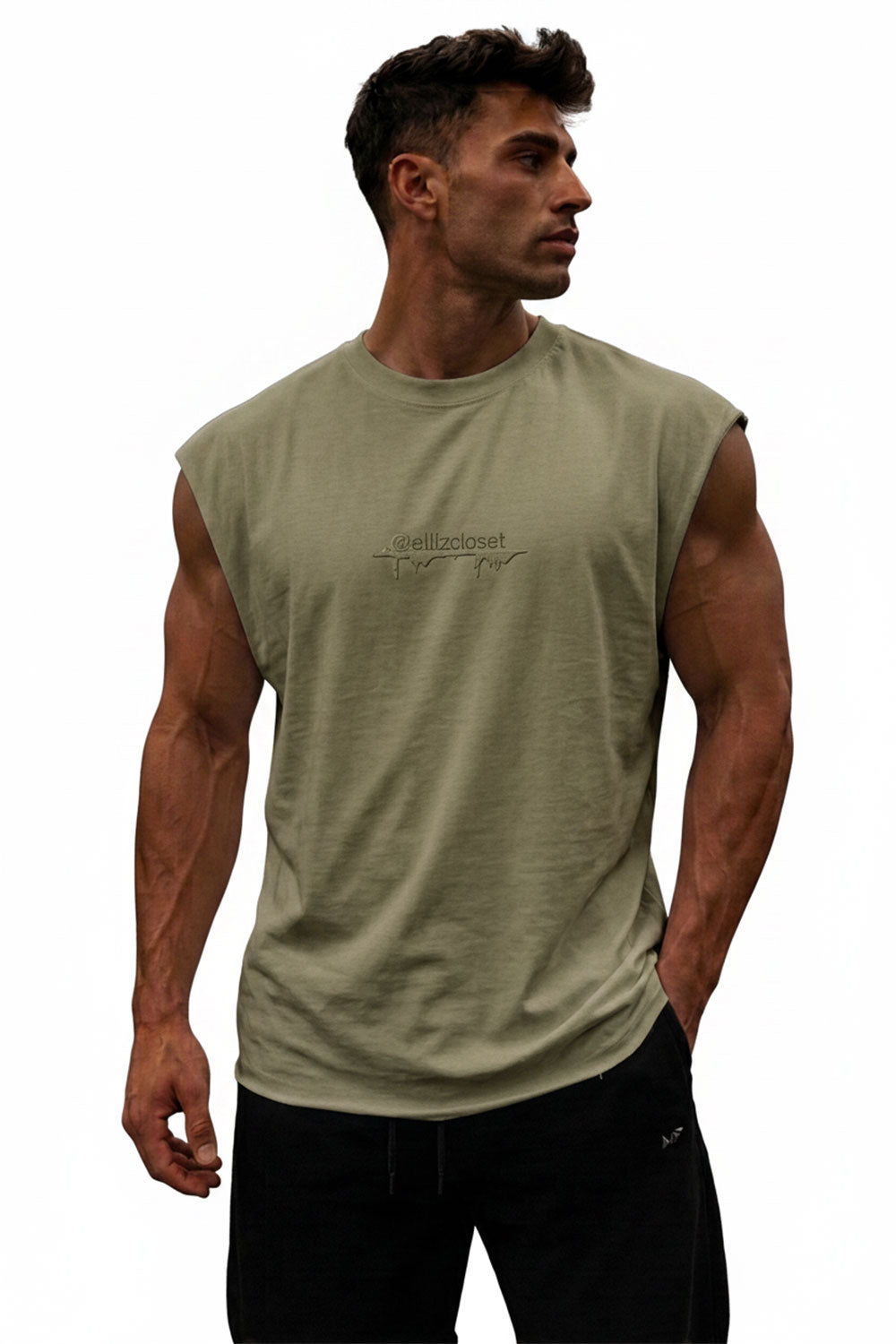 Αμάνικο T-shirt με Premium Κέντημα ellizcloset – Relaxed Fit-Χακί