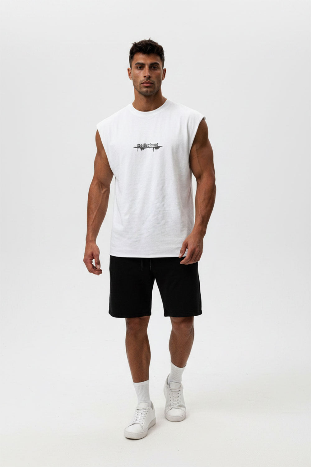 Αμάνικο T-shirt με Premium Κέντημα ellizcloset – Relaxed Fit-Λευκό
