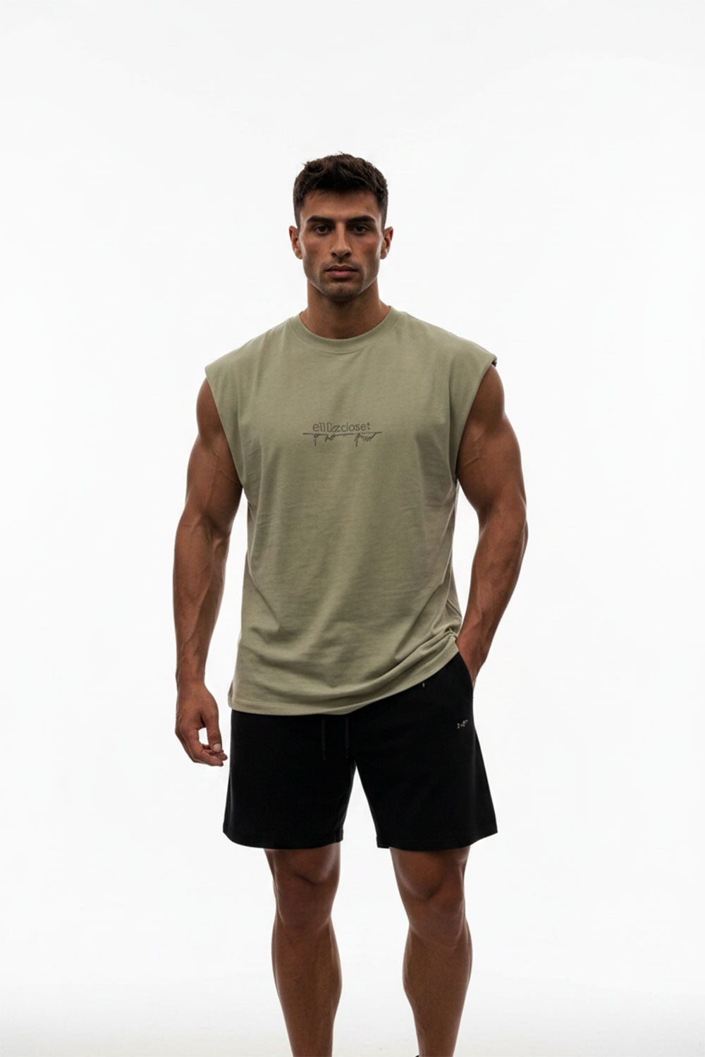 Αμάνικο T-shirt με Premium Κέντημα ellizcloset – Relaxed Fit-Χακί