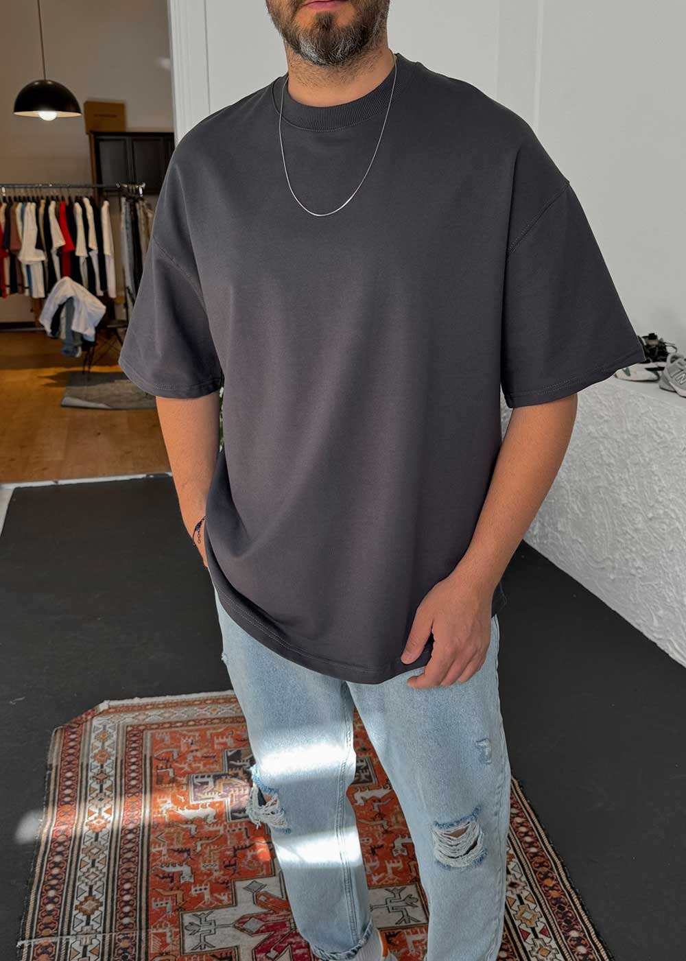 Basic Oversized T-Shirt Με Οβάλ Τελείωμα Σε Ύφανση Δύο Κλωστών-Ανθρακί – 5