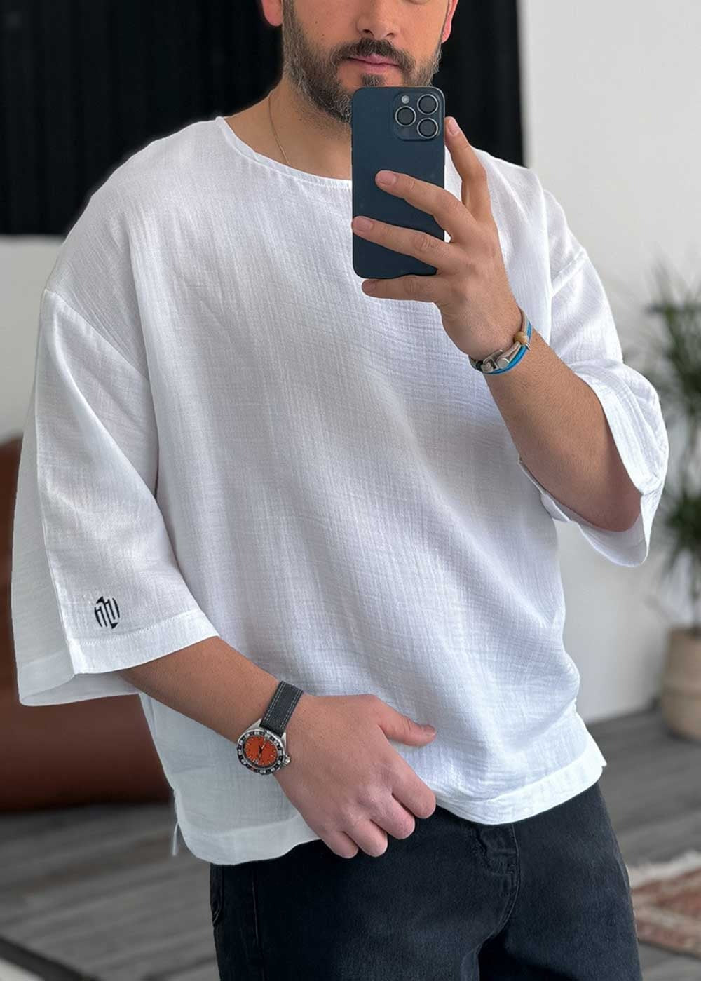 Three-Quarter 3/4 Sleeve T-Shirt σε Ύφανση Μουσελίνα – Λευκό – 4