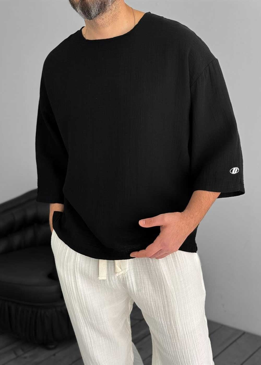 Three-Quarter 3/4 Sleeve T-Shirt σε Ύφανση Μουσελίνα – Μαύρο – 5