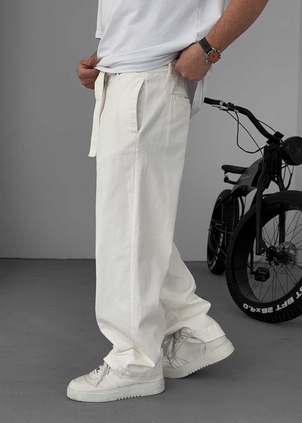Basic Baggy Παντελόνι Με Ζωνάρι – Λευκό – 5
