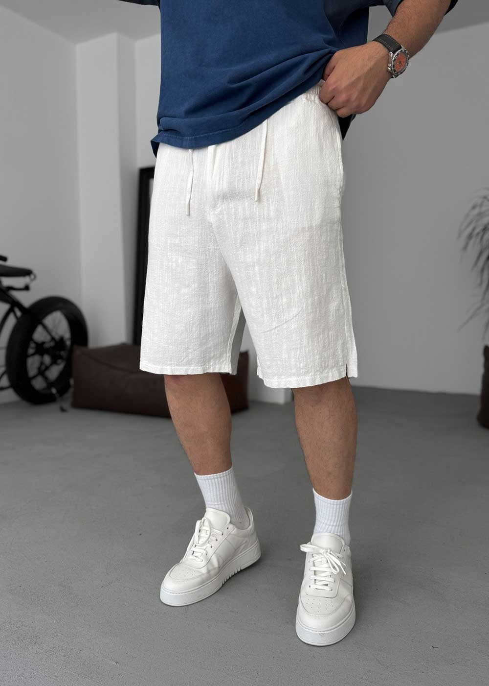 White Texture Βερμούδα με Λάστιχο στη Μέση – Λευκό – 5