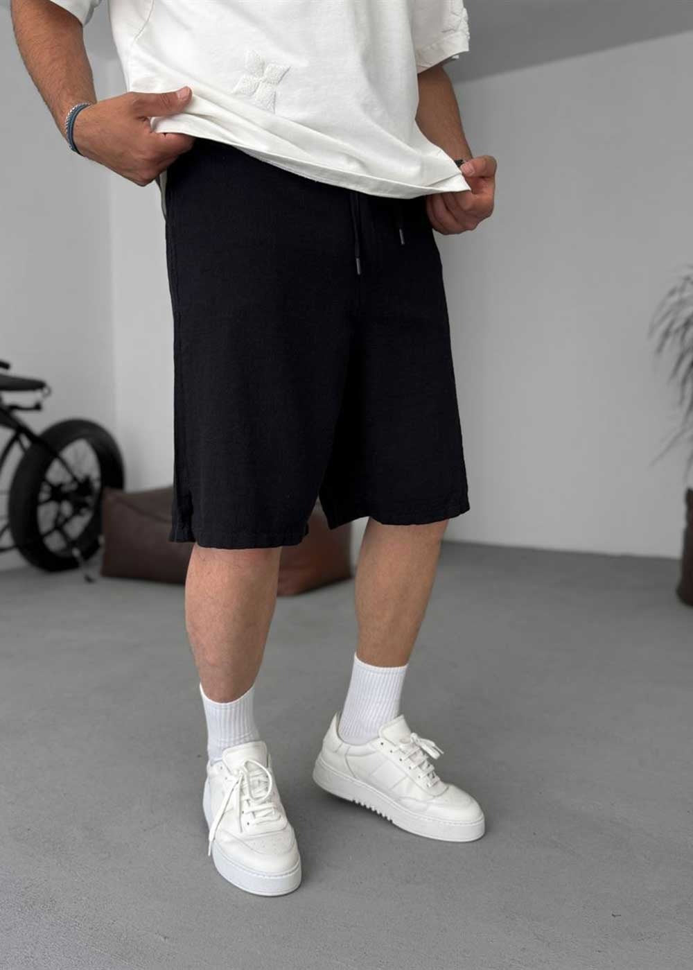 White Texture Βερμούδα με Λάστιχο στη Μέση – Μαύρο – 5