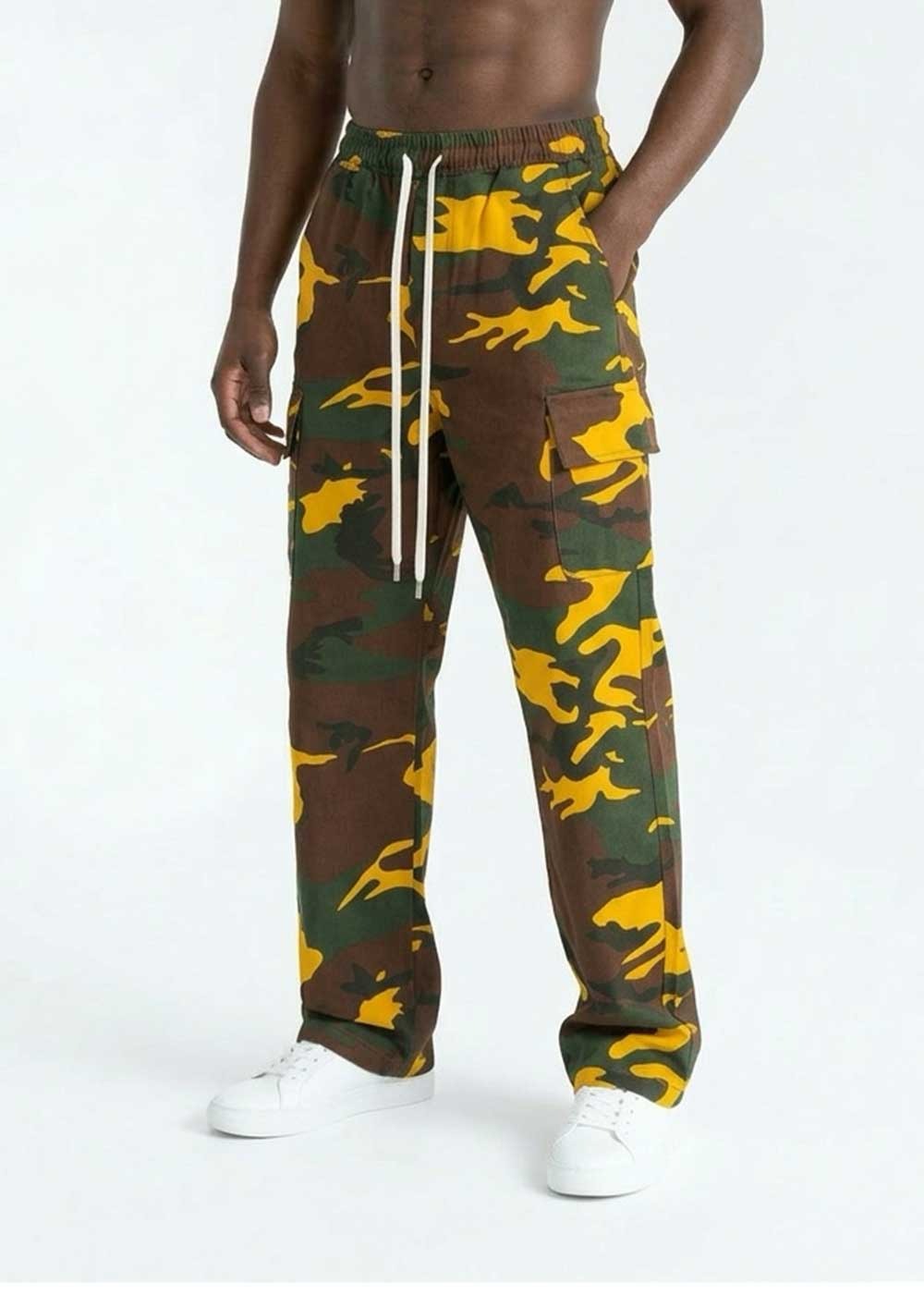 Camo Cargo Baggy Παντελόνι με Λάστιχο στη Μέση – Σκούρο Κίτρινο – 6
