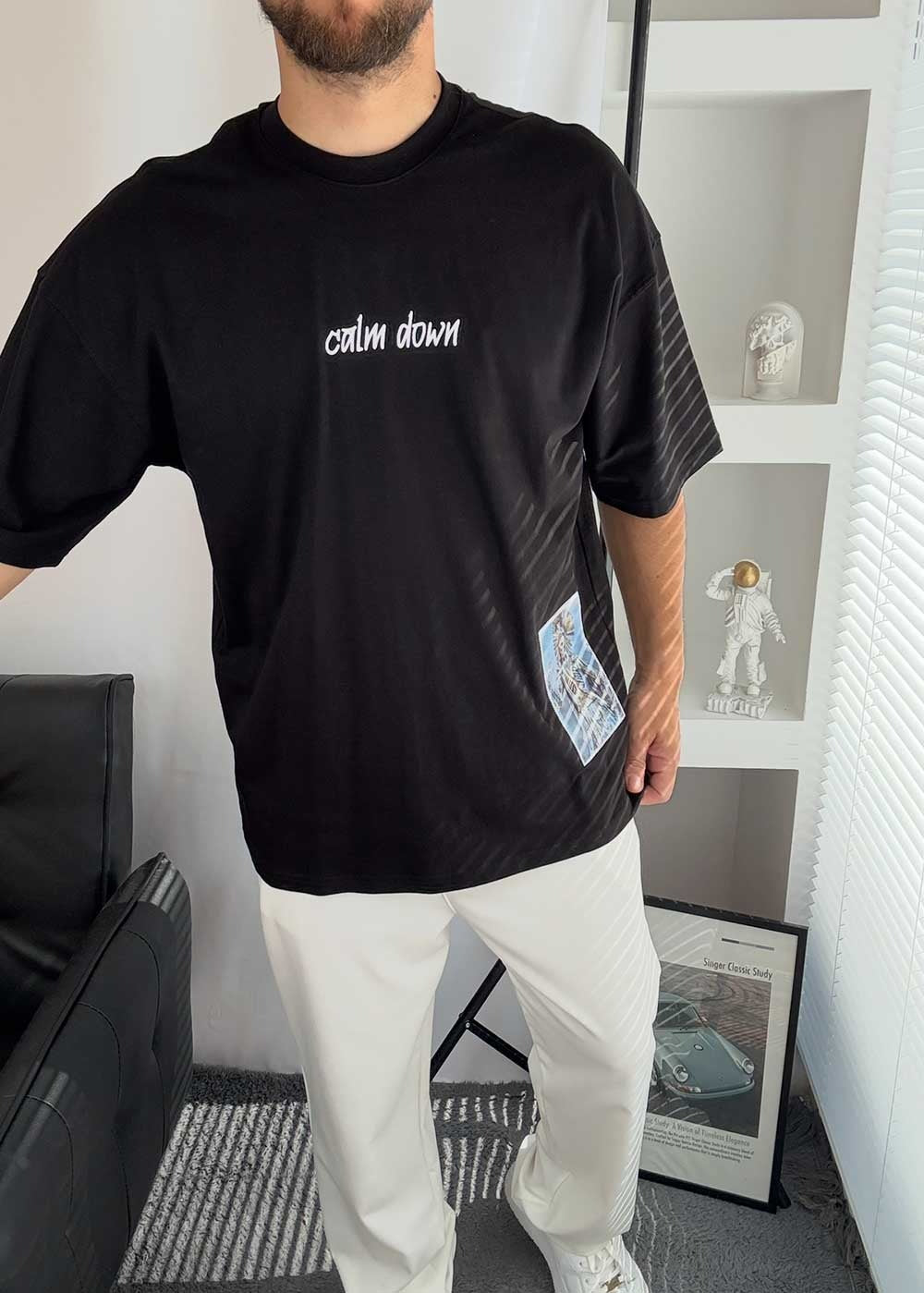 Calm Down Oversized T-Shirt – Μαύρο – 4