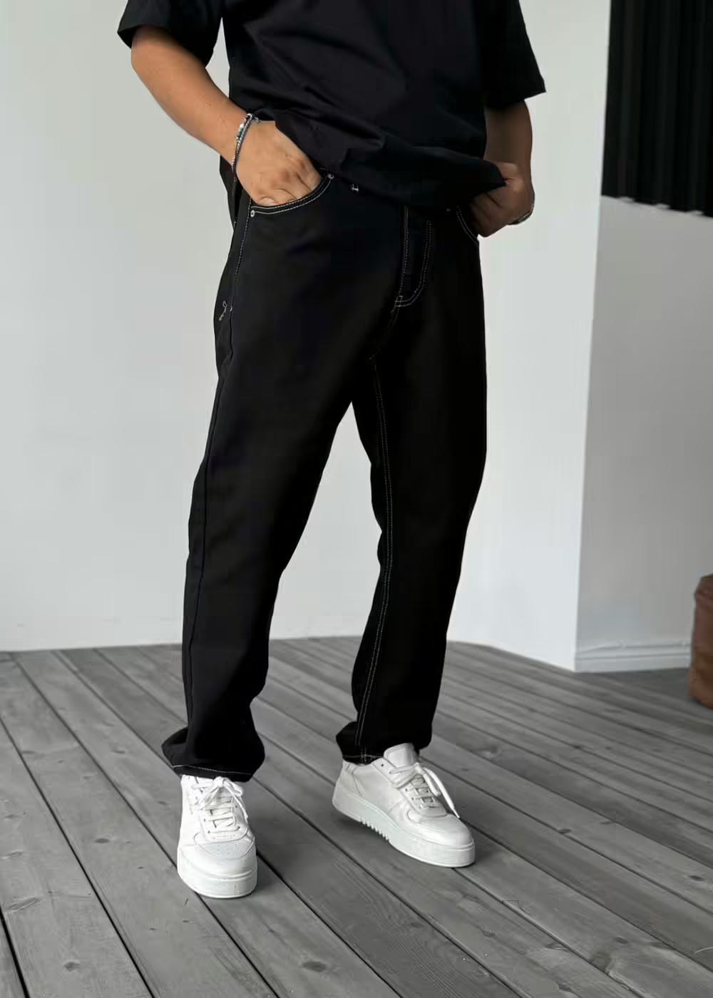 Baggy Denim Τζιν Παντελόνι Με Ραφές – Μαύρο – 5