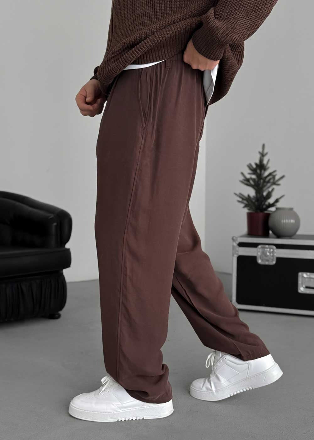 Premium Baggy Παντελόνι από Tencel με Πιέτες – Καφέ – 4