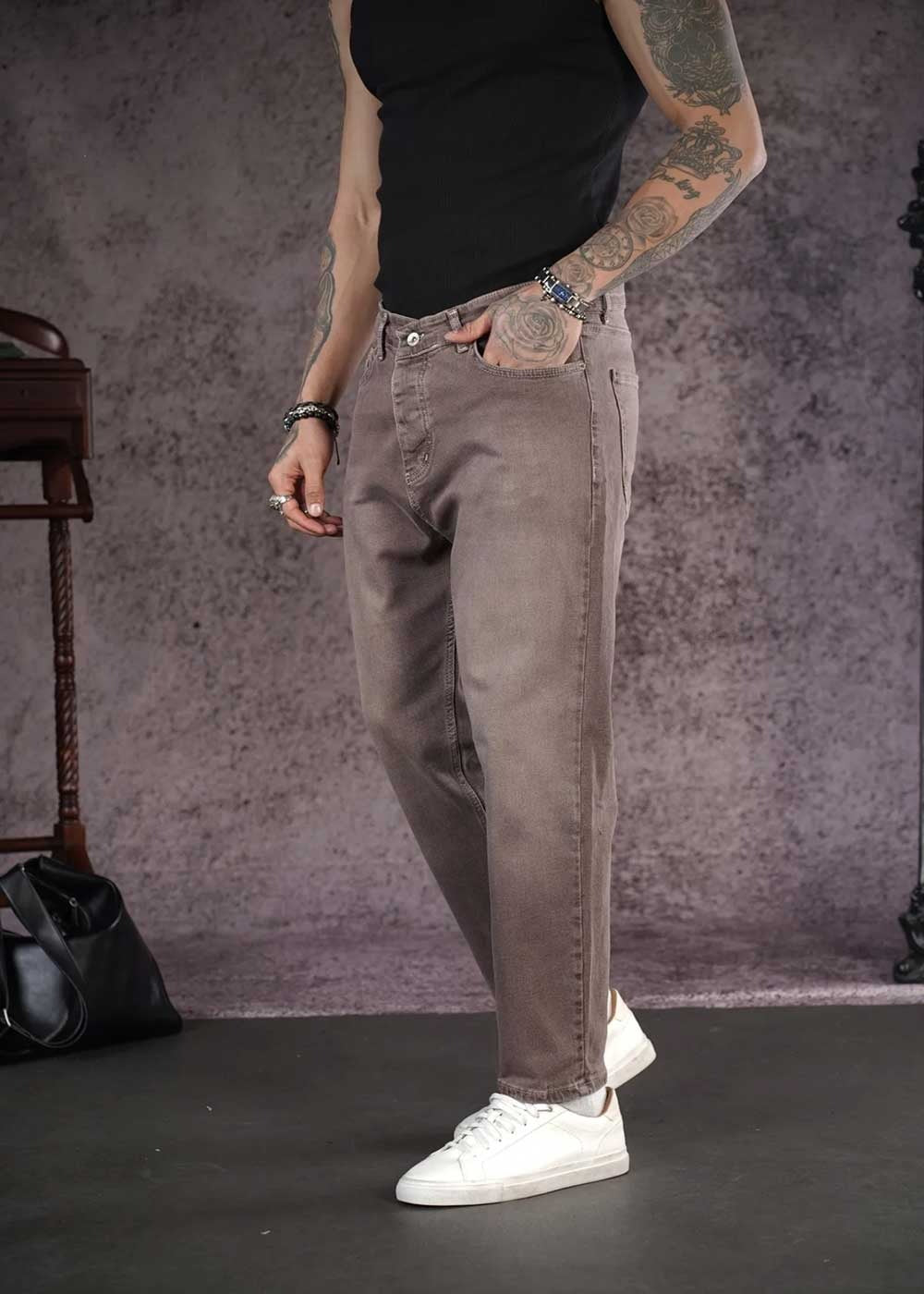 Παντελόνι Τζιν Loose Fit Με Ραφές Και Ελαστάν - Καφέ Ξεβαμμένο – 5