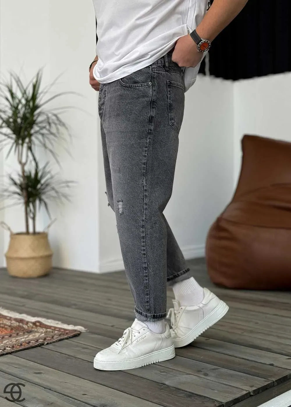 Παντελόνι Τζιν Loose Fit Με Μικρά Σκισίματα - Γκρι Σκούρο – 3