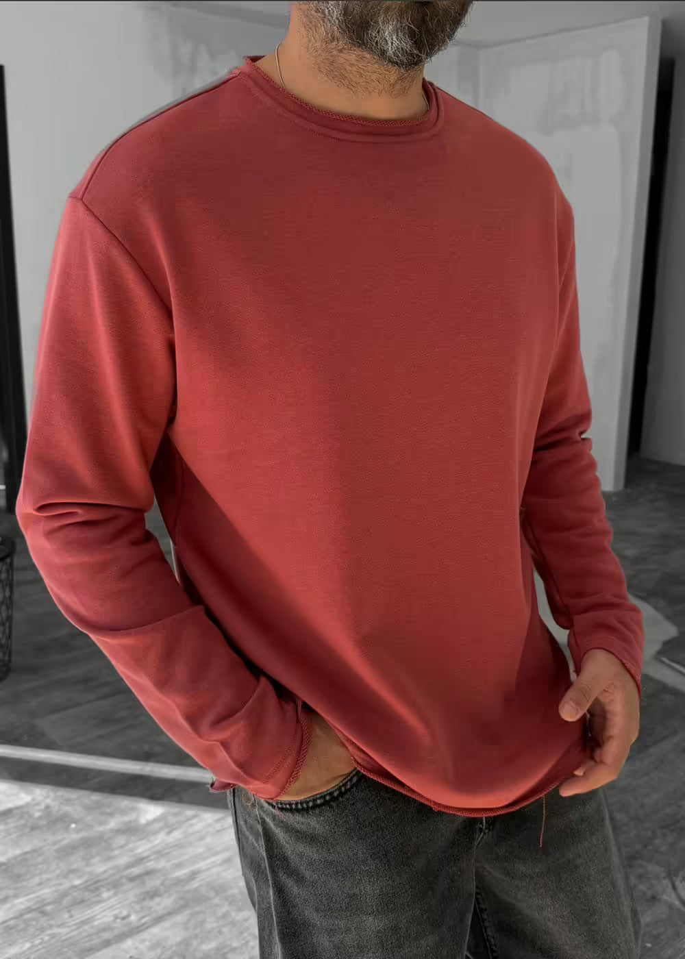 Oversized Λεπτή Μπλούζα Φούτερ Με Ξέφτια Στον Γιακά Και Στα Μανίκια - Σάπιο Μήλο