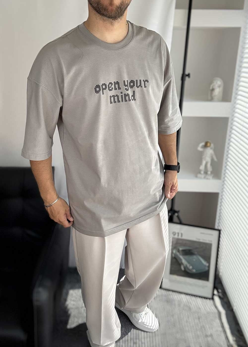 Open Your Mind Oversized T-Shirt με Τύπωμα – Γκρι – 5
