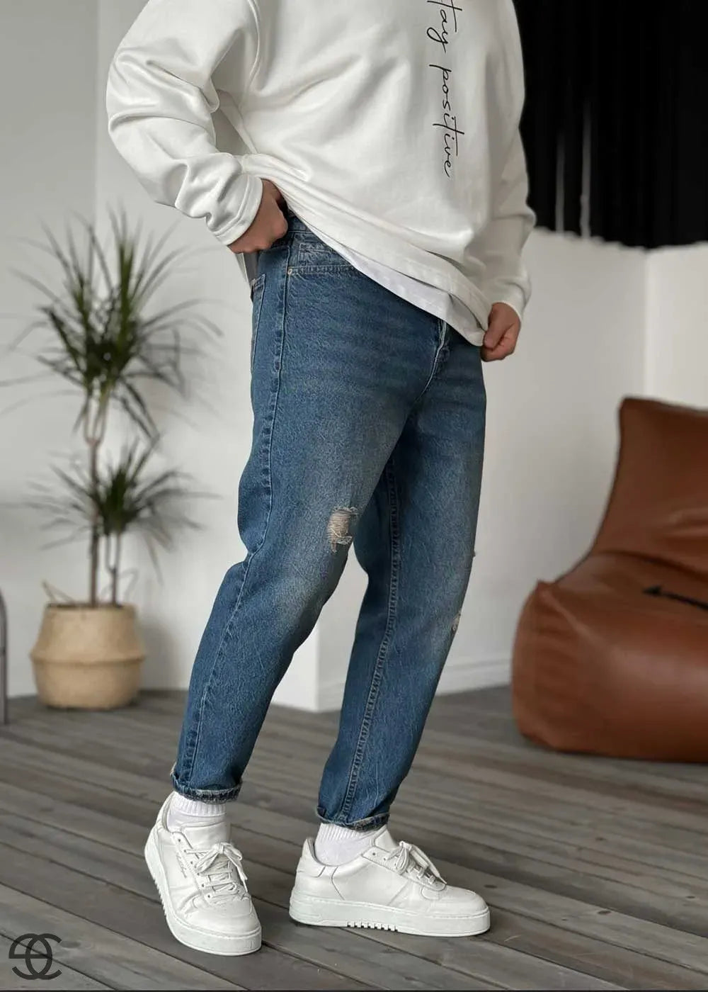 Παντελόνι Τζιν Loose Fit Ρετρό Επεξεργασμένο Μπλε Με Εφέ Πράσινου Και Σκισιματα – 3