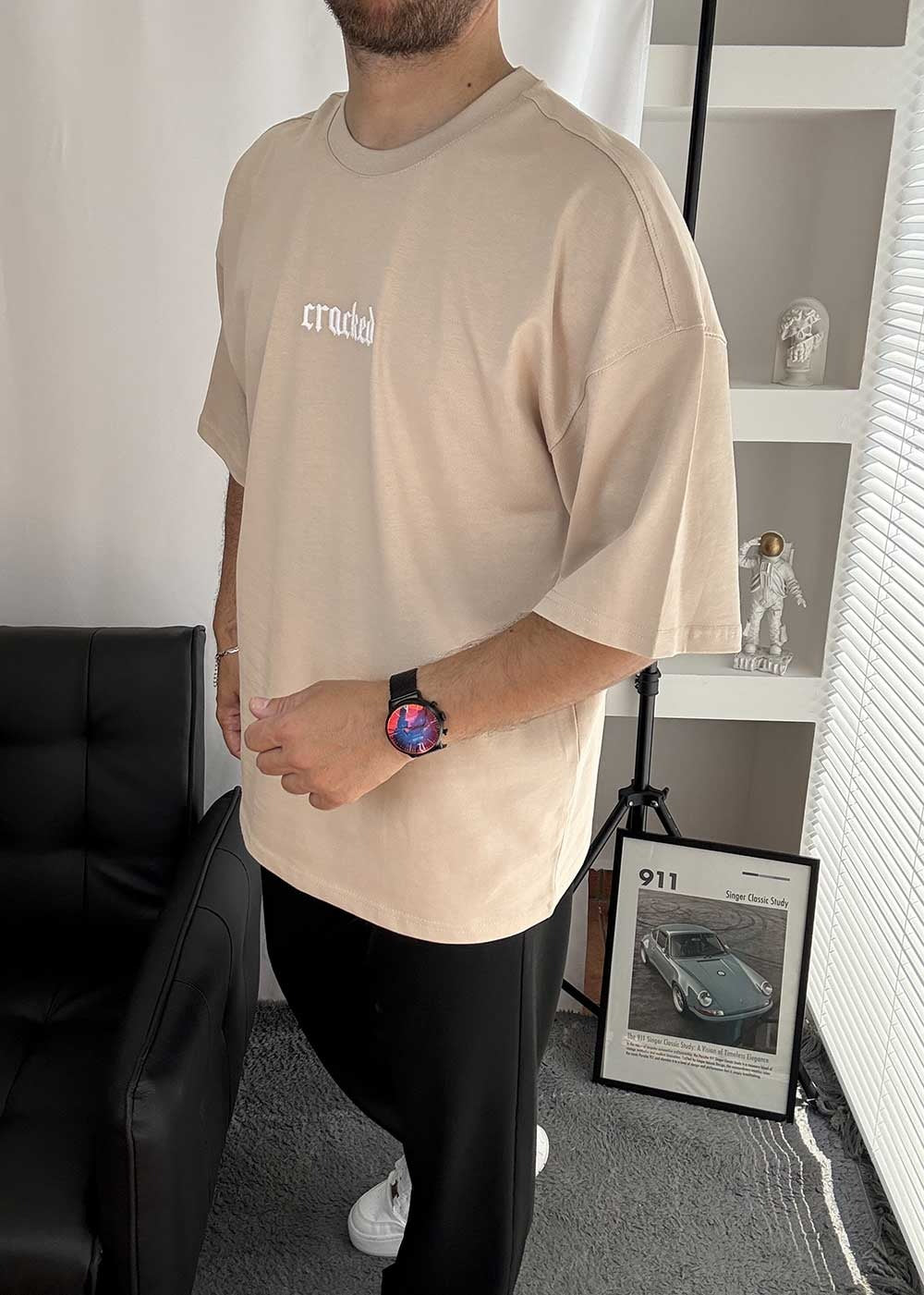 Cracked Oversized T-Shirt με Τύπωμα – Μπεζ – 5