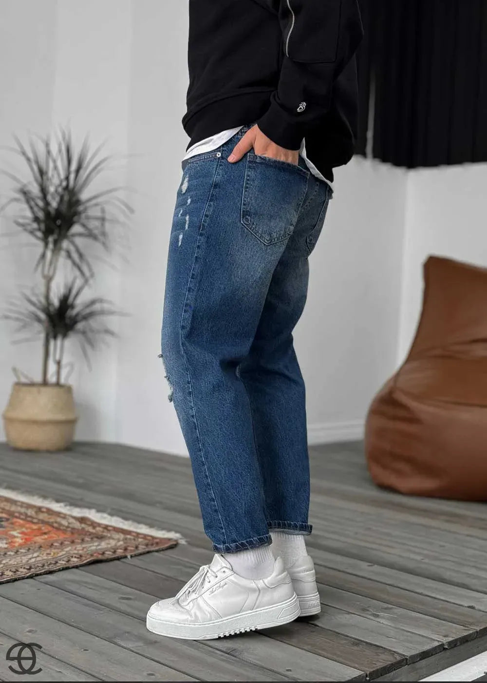Παντελόνι Τζιν Loose Fit Πετροπλυμένο Με Σκίσιμο Στα Γόνατα - Μπλε – 5