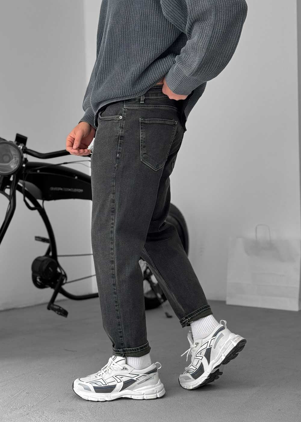 Παντελόνι Τζιν Loose Fit Με Ραφές Και Ελαστάν - Σκούρο Ανθρακί – 5