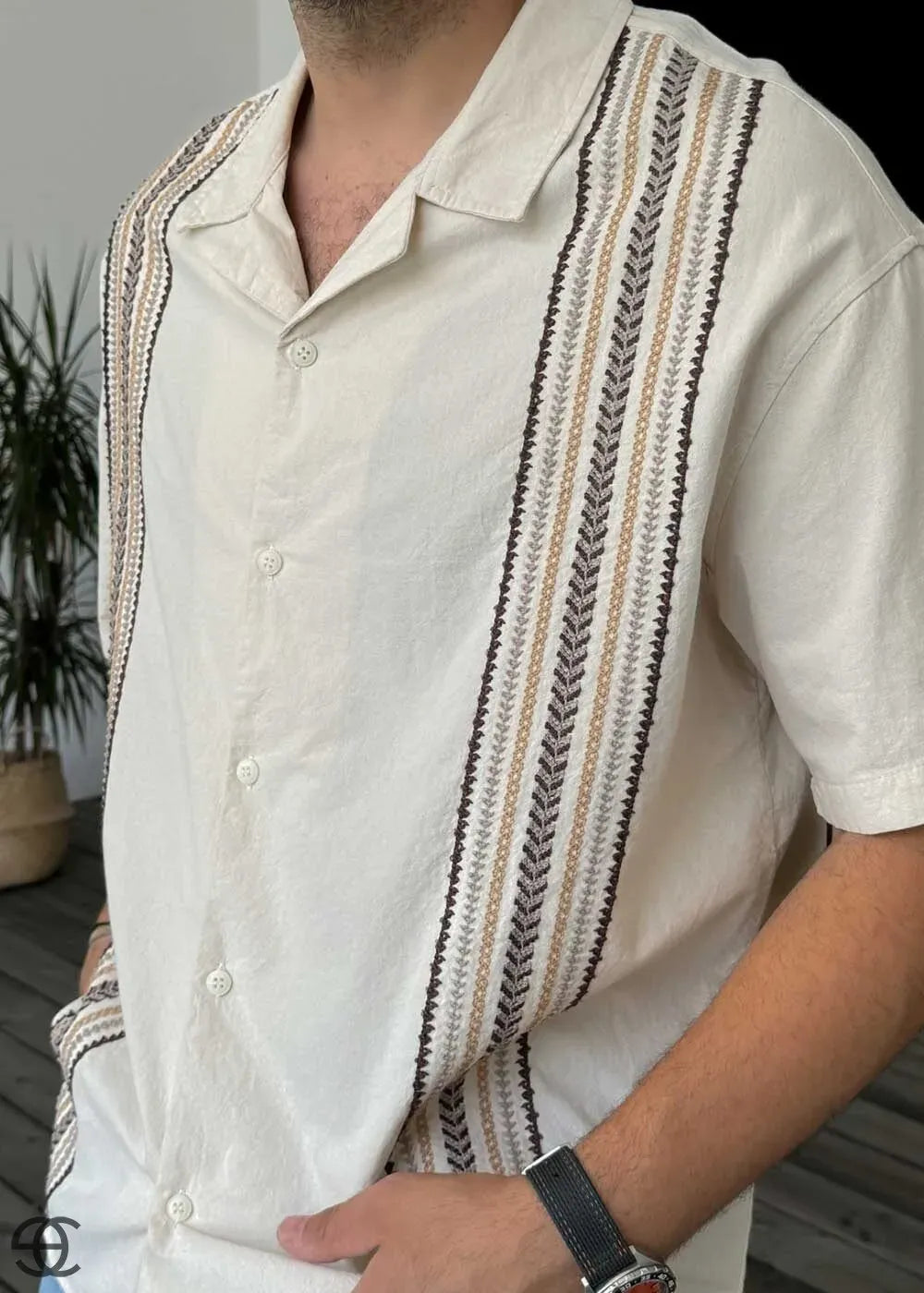 Oversized Πουκάμισο Με Απλικέ Κέντημα Και Κοντό Μανίκι - Μπεζ – 4