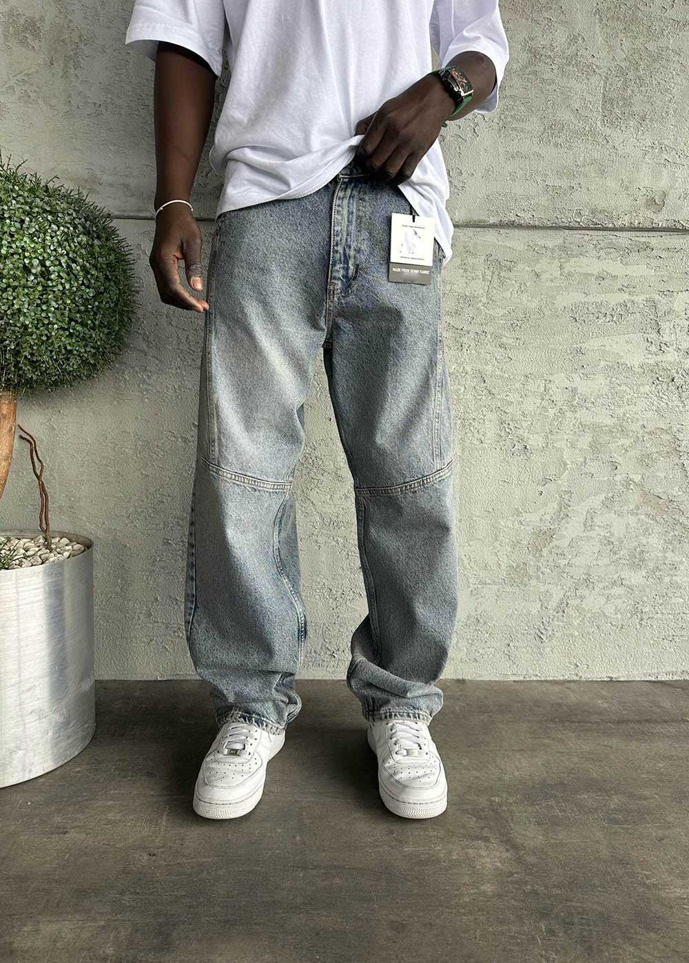 Γκρι Ice-Washed Utility Baggy Jean με Πλευρικές Ραφές