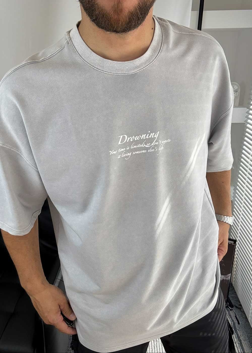 Drowning Oversized T-Shirt με Τύπωμα – Γκρι Ξεβαμμένο – 5