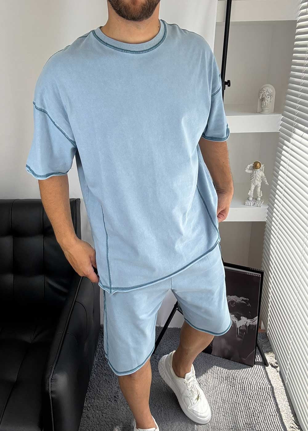Distressed Σετ Tshirt και Βερμούδα με Λάστιχο στη Μέση – Γαλάζιο Ξεβαμμένο – 6
