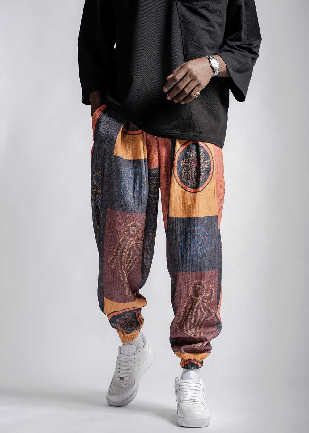 Παντελόνι Jogger Με Πιέτες Και Λάστιχο Σε Ύφανση Boho Με Minimal Print – Πολύχρωμο Σχέδιο – 5