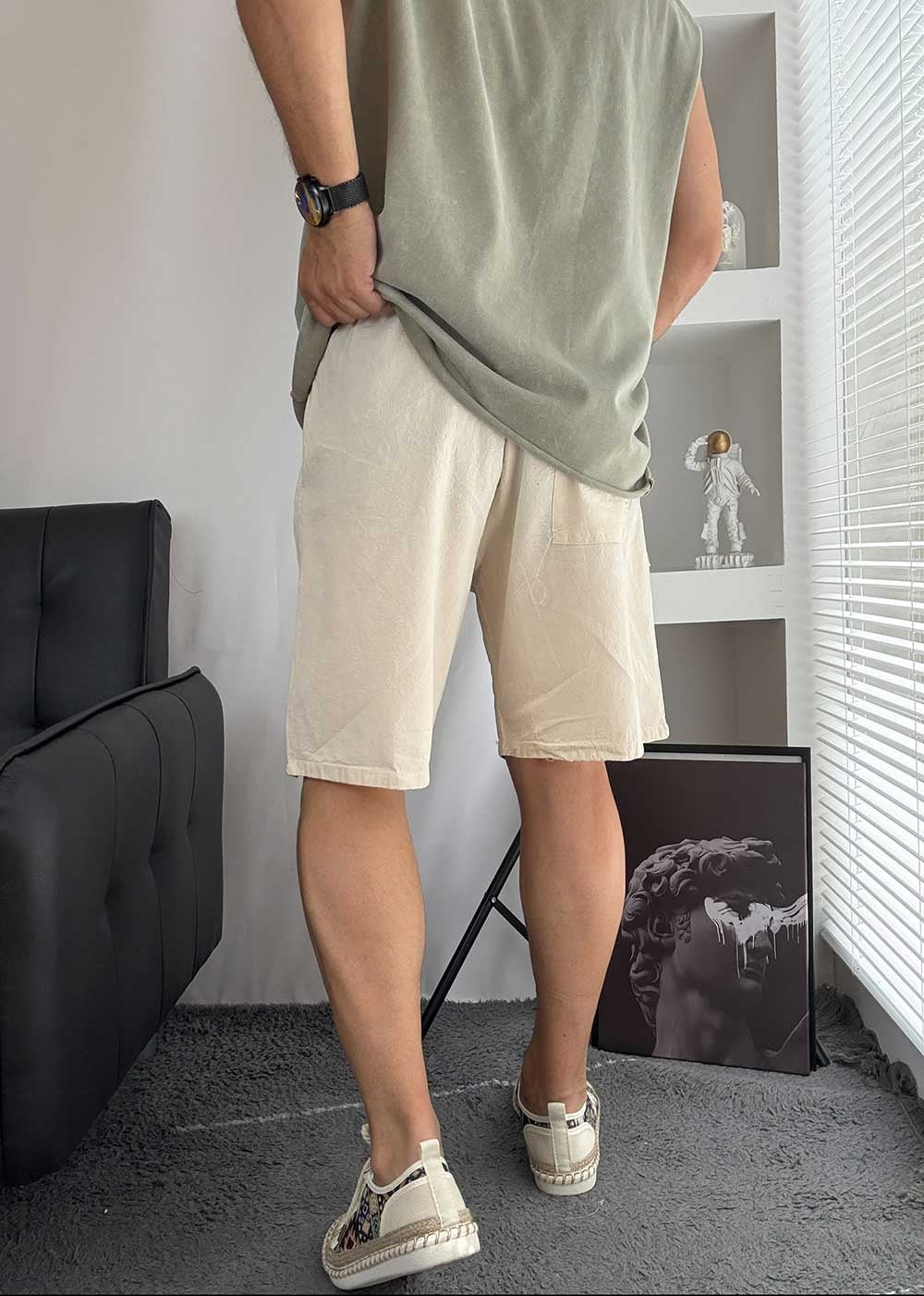 Oversized Λινή Βερμούδα Με Κορδόνι- Μπεζ – 5