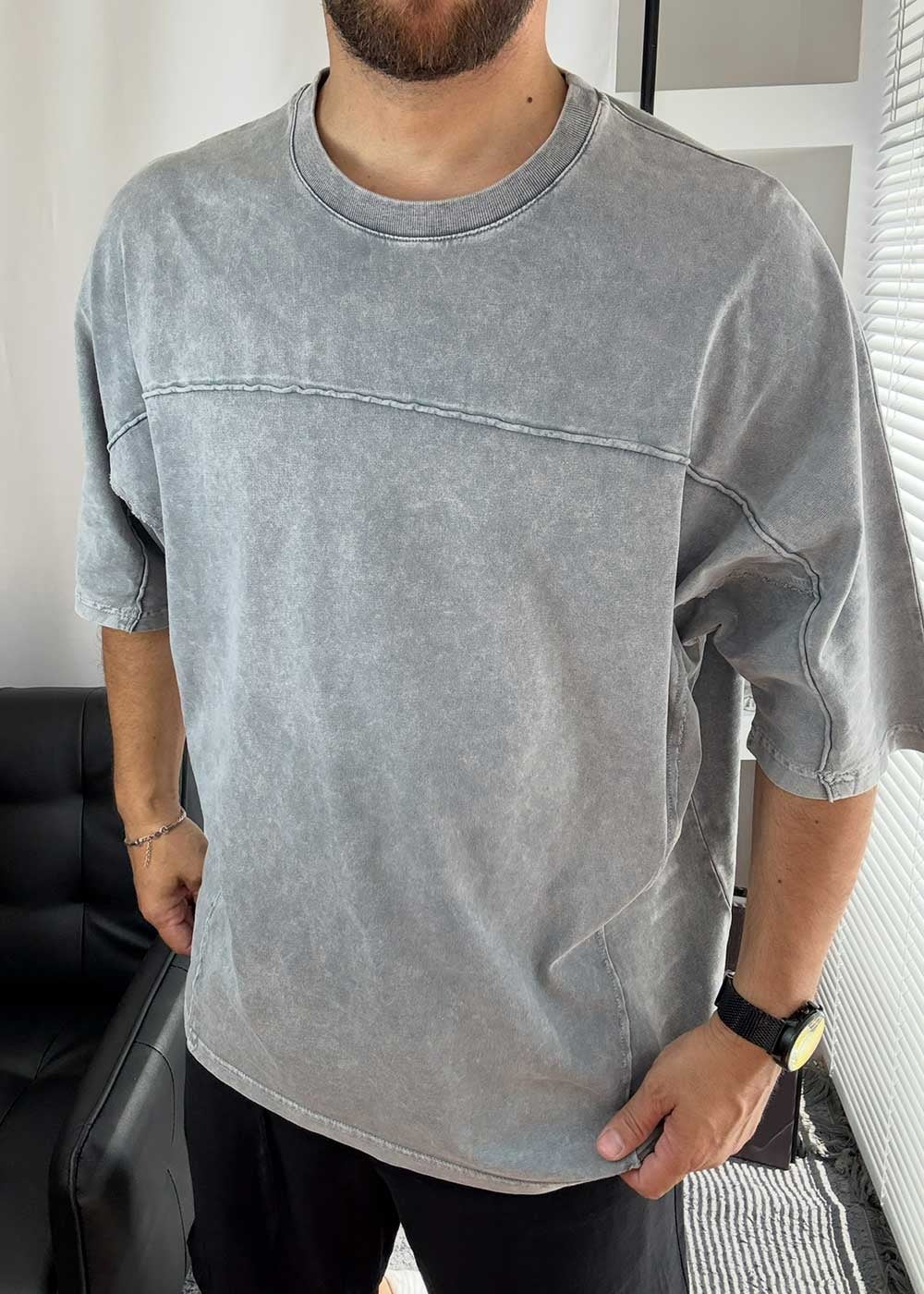 Oversized T-Shirt με Κέντημα Like Stars και Εξωτερικές Ραφές -Γκρι – 5