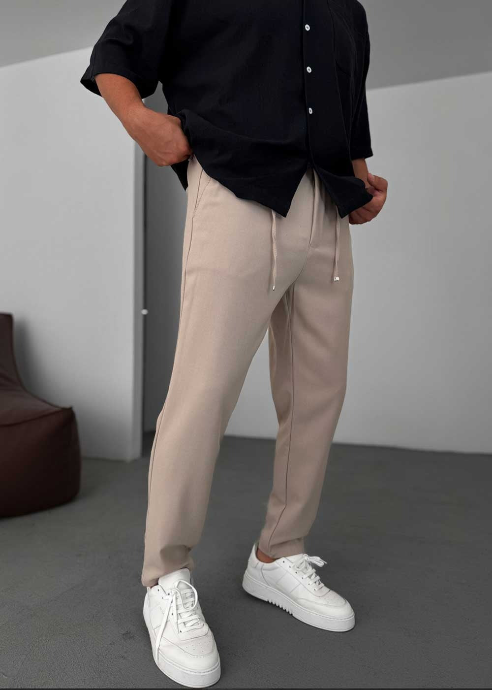 Relaxed Fit Υφασμάτινο Παντελόνι με Λάστιχο – Μπεζ