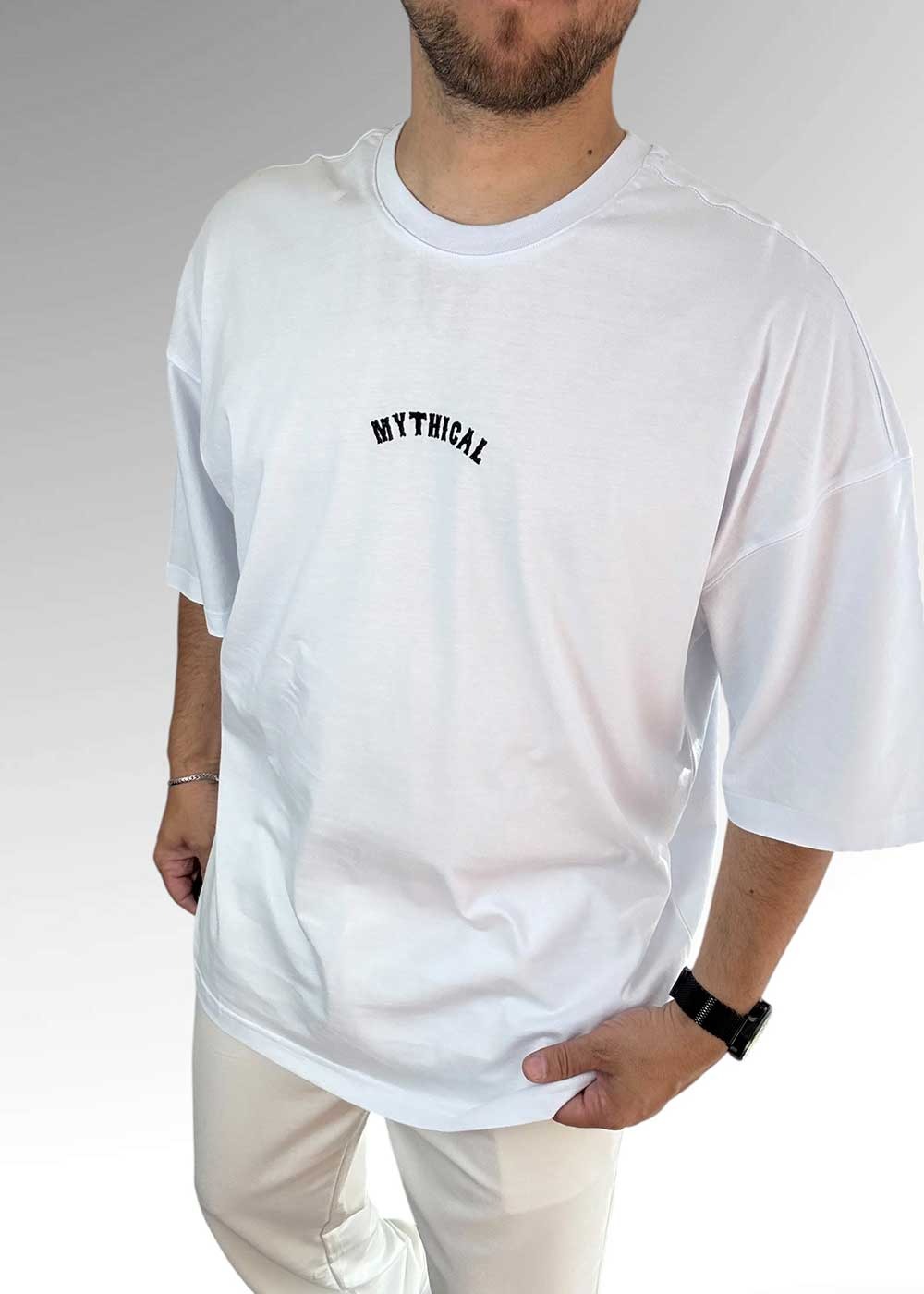 Mythical Oversized T-Shirt με Τύπωμα και Κεντημένο Λογότυπο – Λευκό – 5