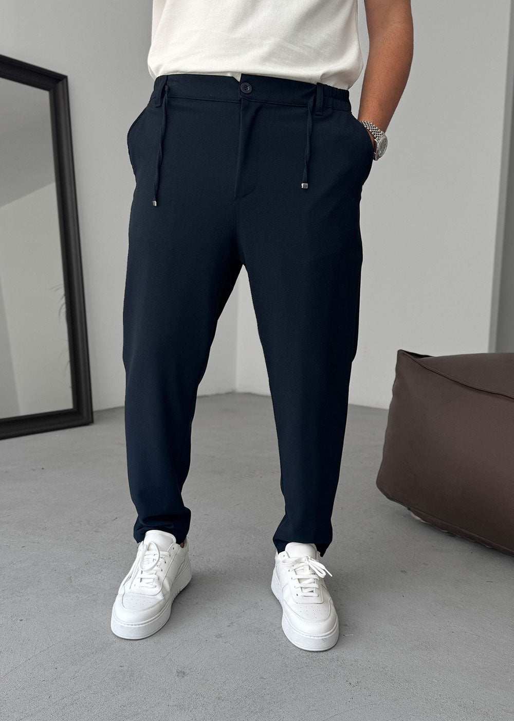 Relaxed Fit Υφασμάτινο Παντελόνι με Λάστιχο – Σκούρο Μπλε