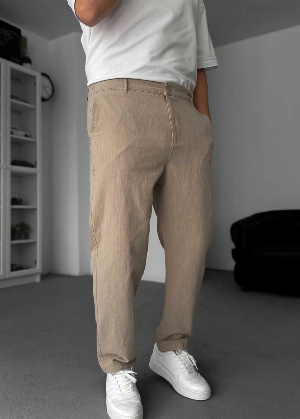 Linen-Texture Regular Fit Παντελόνι – Μπεζ – 5