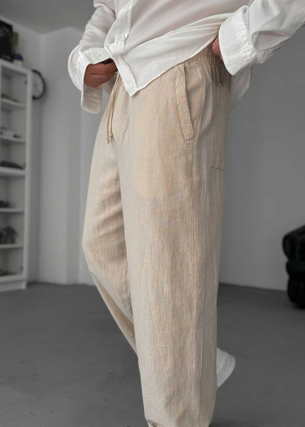 Baggy Παντελόνι Linen-Touch – Μπεζ – 5