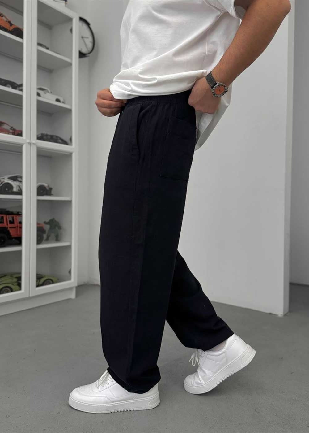 Baggy Παντελόνι Linen-Touch – Μαύρο