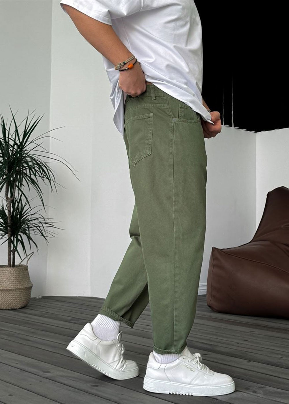 Basic Παντελόνι Τζιν Loose Fit -Χακί – 5