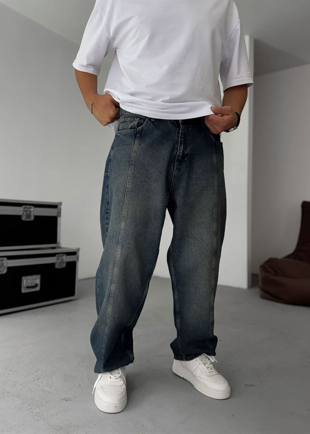 Washed Baggy Jean με Τονισμένη Μπροστινή Ραφή – Μπλε Πεπαλαιωμένο – 3
