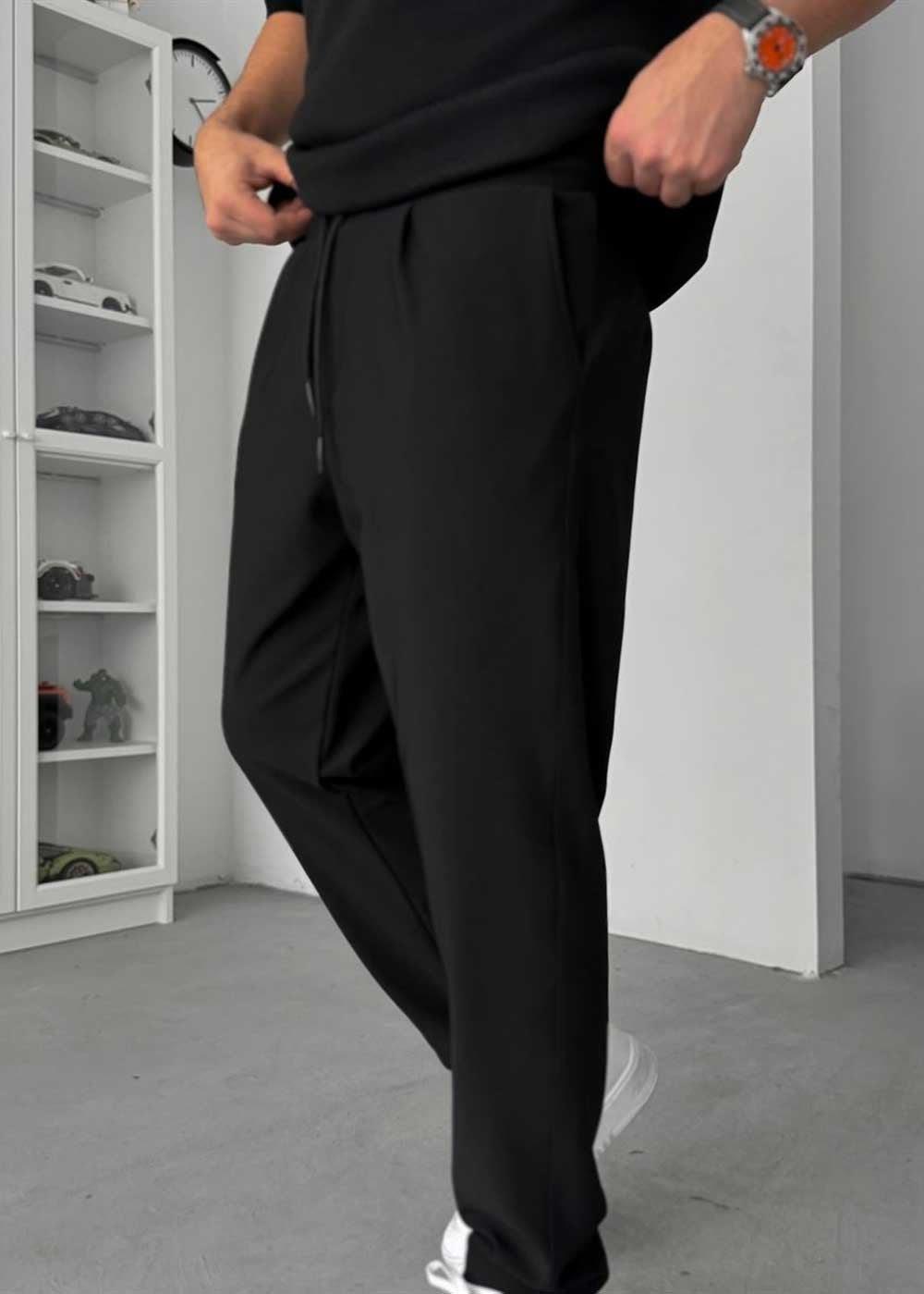 Textured Straight Fit Παντελόνι – Μαύρο – 4