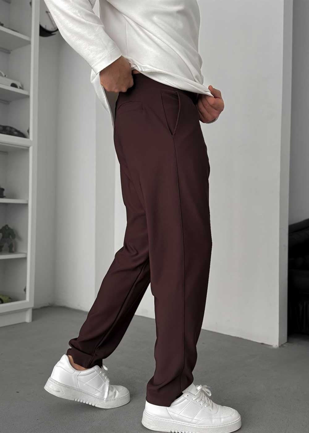 Textured Straight Fit Παντελόνι – Καφέ – 5