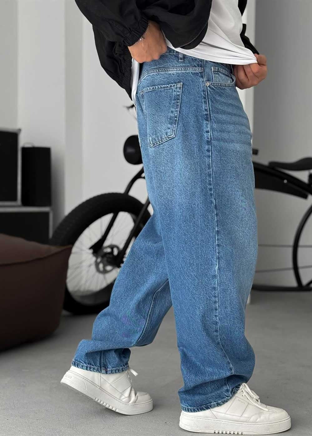 Washed Baggy Jean με Τονισμένες Ραφές – Μπλε – 4