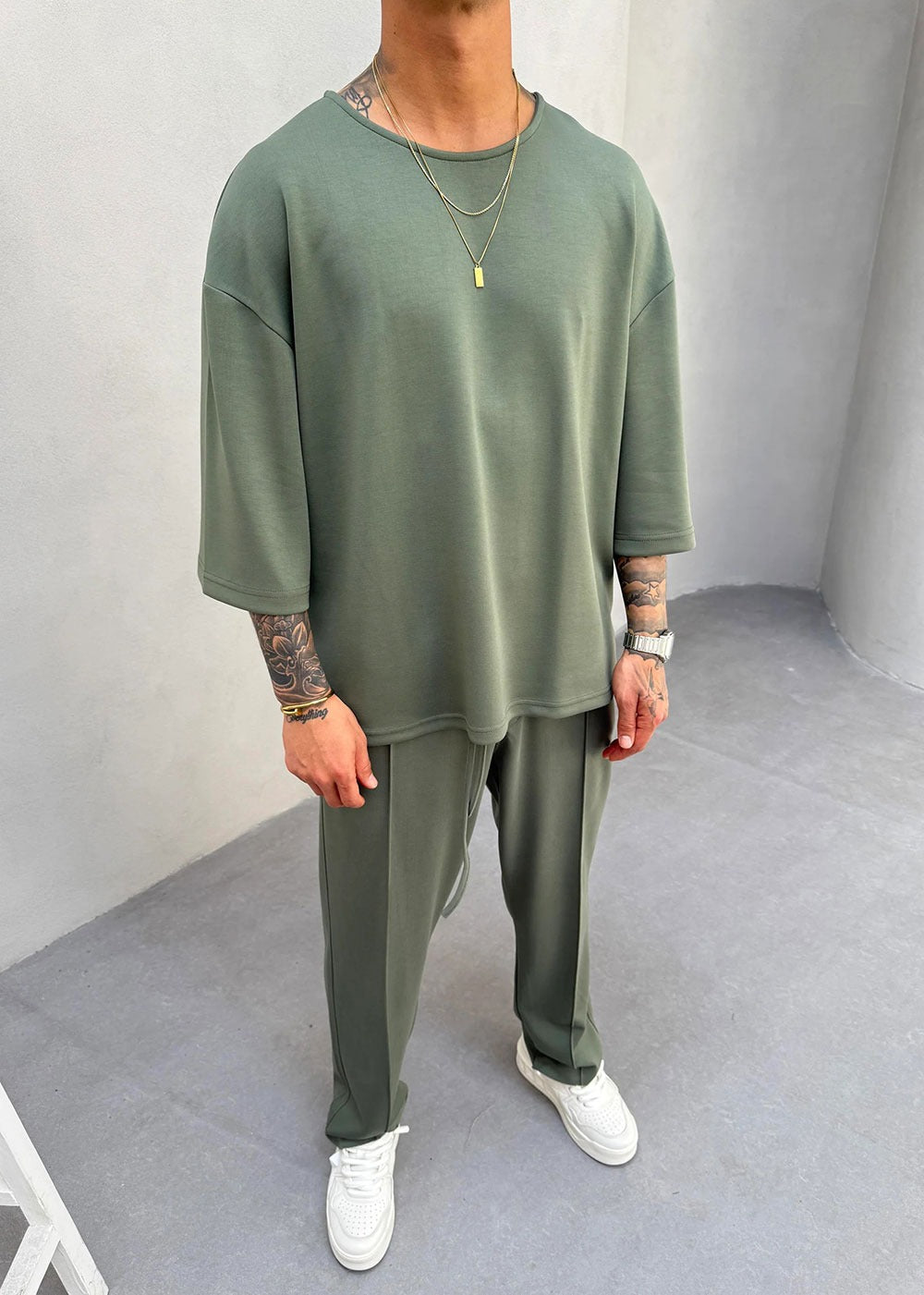 Minimal Co-Ord Σετ Jogger και 3/4 Μπλούζα με Ελαστικό Ύφασμα – Χακί – 7