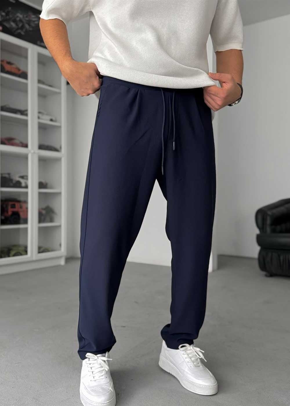 Textured Straight Fit Παντελόνι – Μπλε – 5