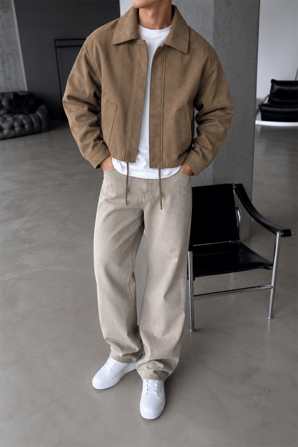 Τζάκετ Premium Suede Bomber Crop με Γιακά –  Καφέ