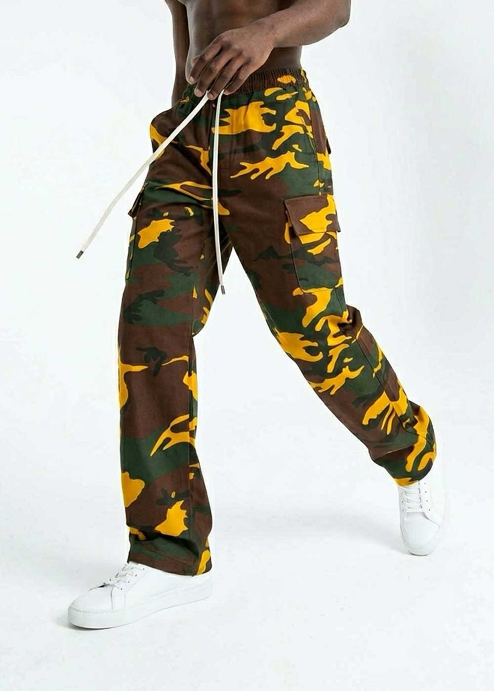 Camo Cargo Baggy Παντελόνι με Λάστιχο στη Μέση – Σκούρο Κίτρινο